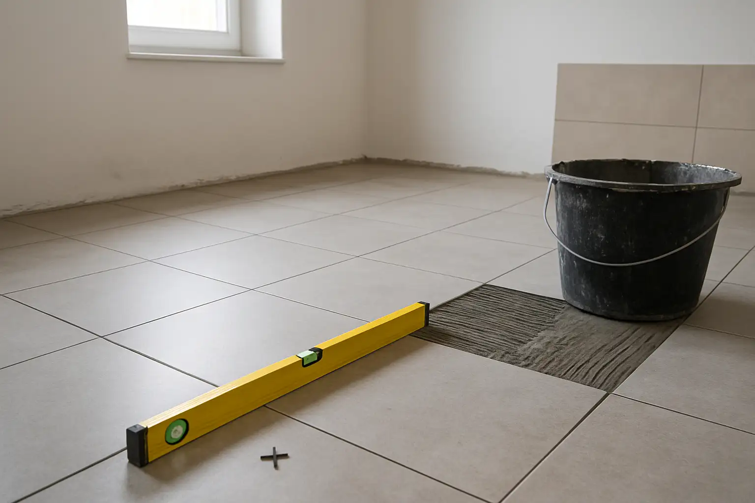 Chantier de pose de carrelage avec carreaux, niveau à bulle et colle au sol pour illustrer le prix carrelage m2
