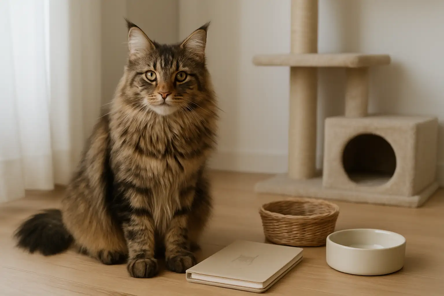 Maine Coon dans un intérieur propre avec carnet de santé et accessoires, illustrant le prix d’un Maine Coon