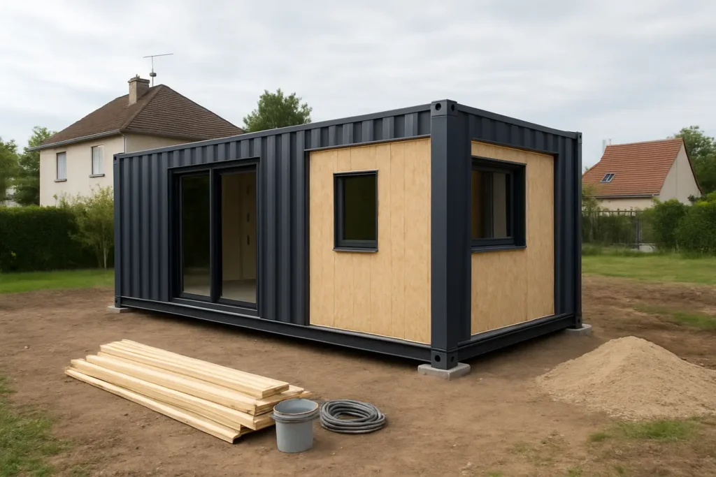 Maison container moderne en cours d’aménagement avec terrain et finitions extérieures