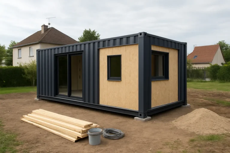 Maison container moderne en cours d’aménagement avec terrain et finitions extérieures