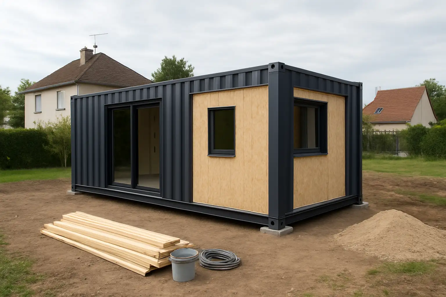 Maison container moderne en cours d’aménagement avec terrain et finitions extérieures
