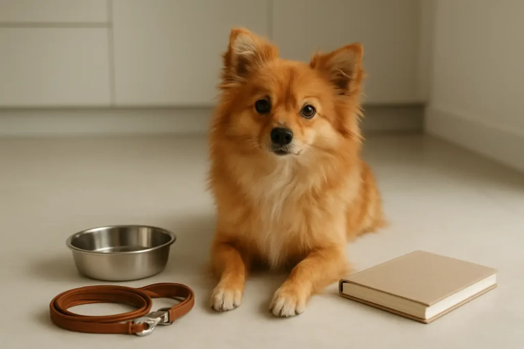 Petit chien pomsky avec accessoires et carnet vétérinaire pour illustrer le prix d’un pomsky