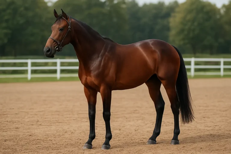 Cheval pur-sang élégant dans un paddock, illustrant la race et ses caractéristiques