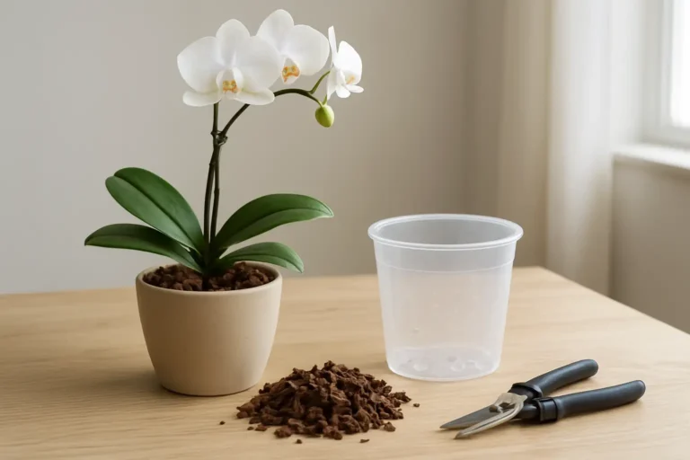 Orchidée en cours de rempotage avec pot transparent et substrat adapté
