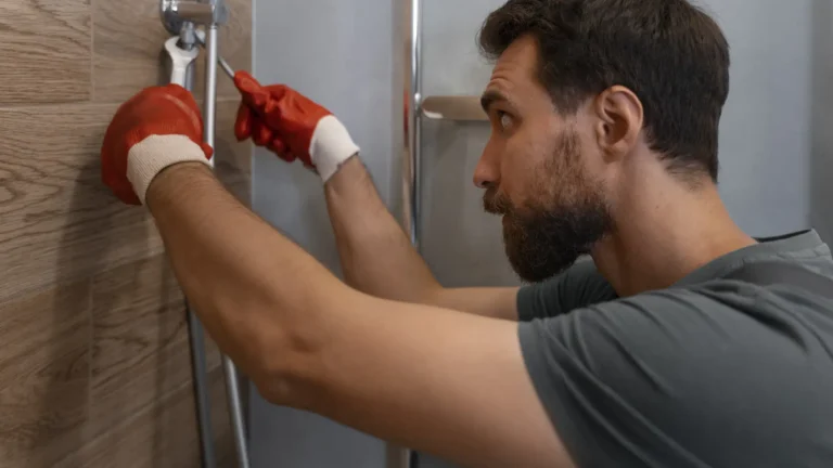 Artisan rénovant une salle de bain à Angers avec intervention sur la robinetterie et les équipements sanitaires