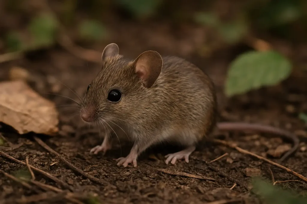 Petit rongeur observé dans un environnement naturel de jardin