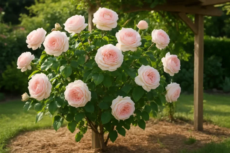 Rosier Pierre de Ronsard en fleurs dans un jardin de maison