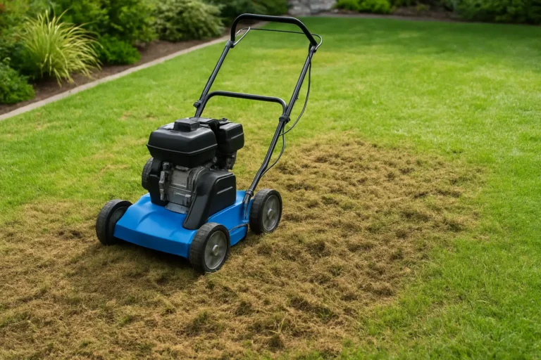 Scarificateur pelouse sur un gazon en cours d’entretien avec mousse retirée