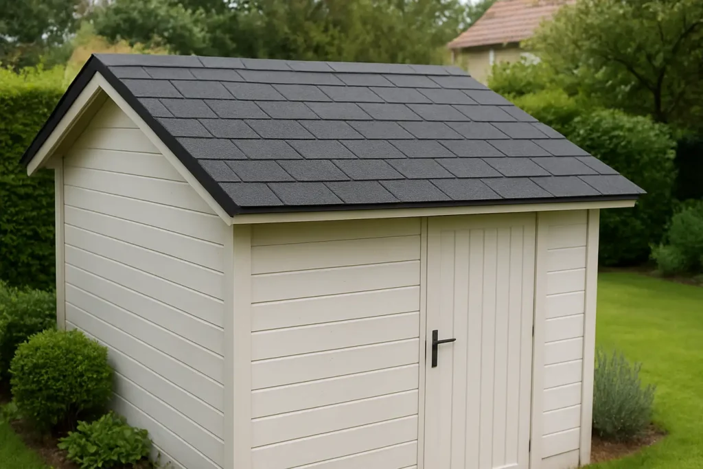 Toiture en shingle sur un abri de jardin dans un environnement résidentiel
