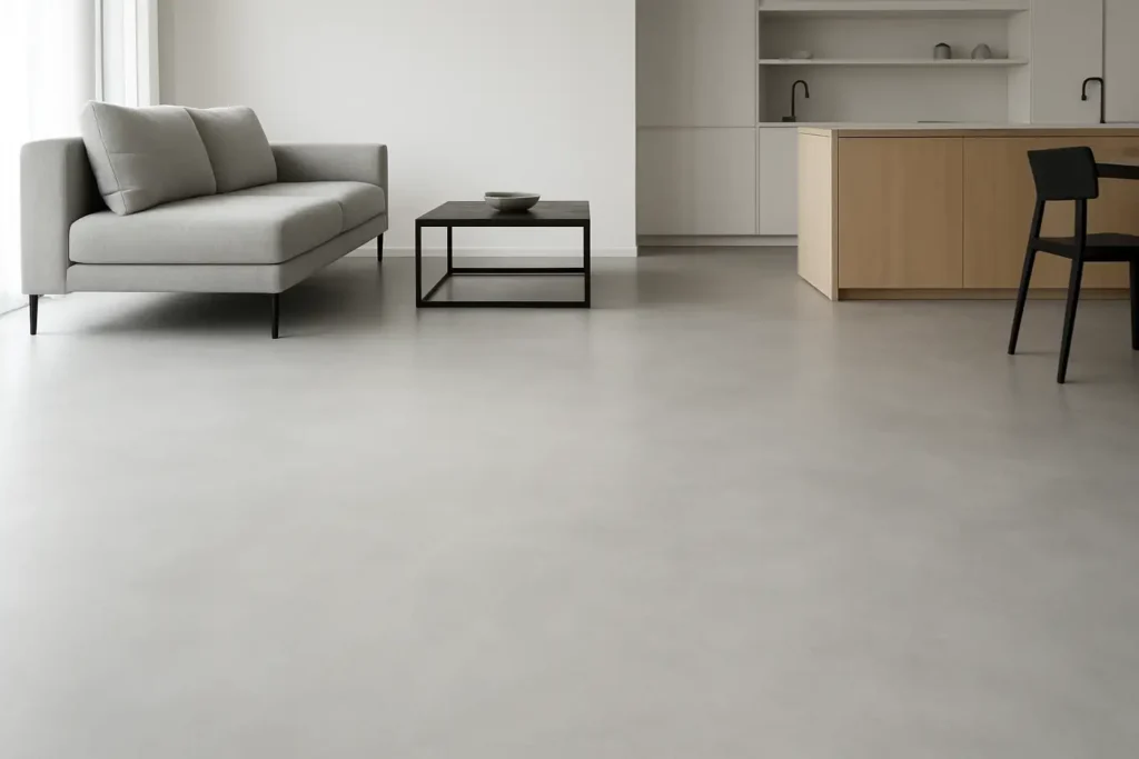 Intérieur moderne avec un sol en béton ciré gris clair dans une pièce lumineuse