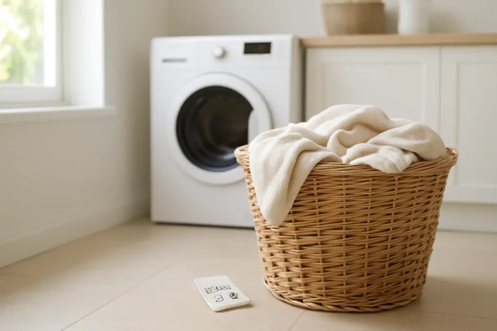 Buanderie avec linge, étiquette textile et sèche-linge pour illustrer le symbole sèche-linge