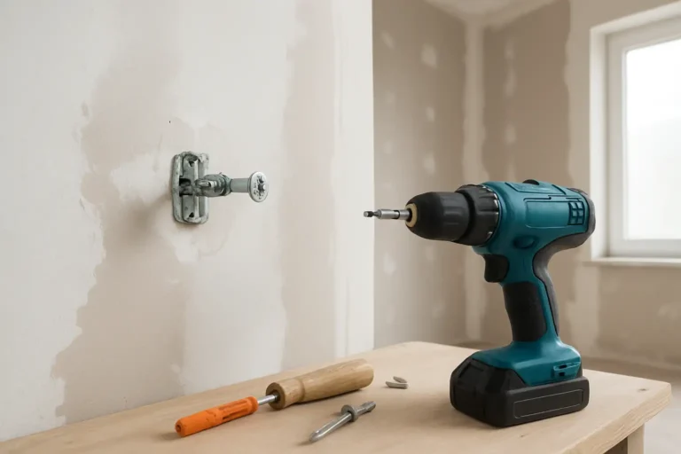 Cheville Molly et outils de bricolage devant un mur en BA13