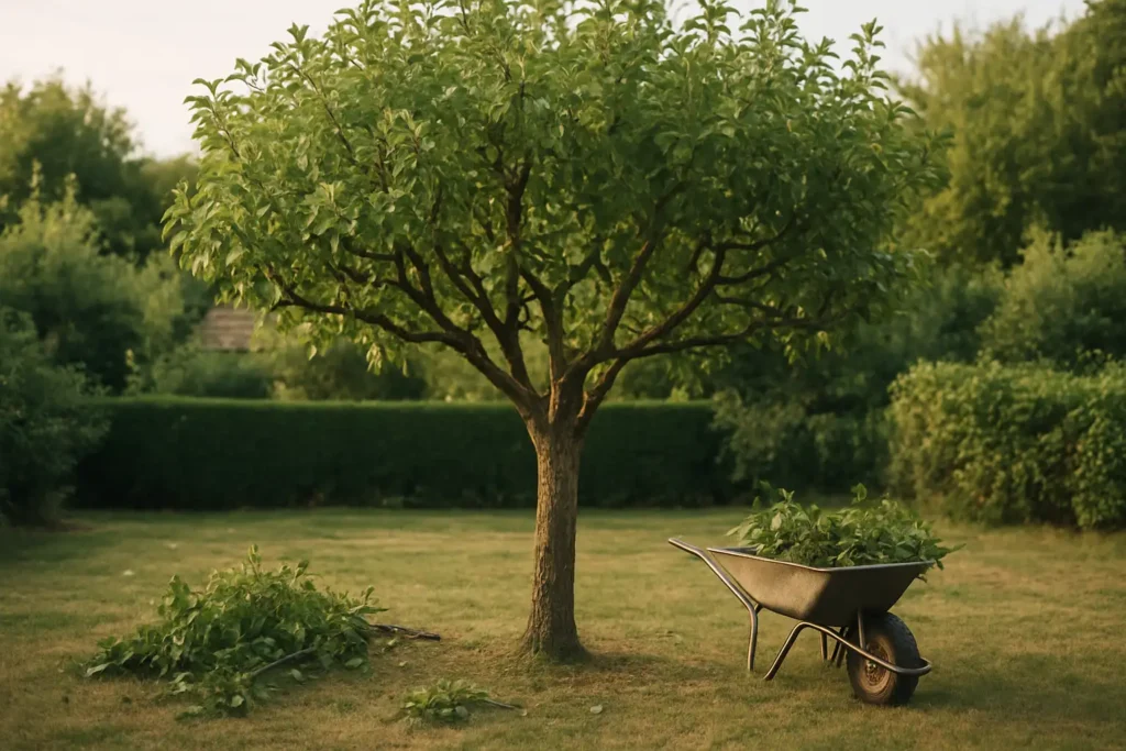 Prunier dans un jardin après une taille légère, avec une ramure aérée