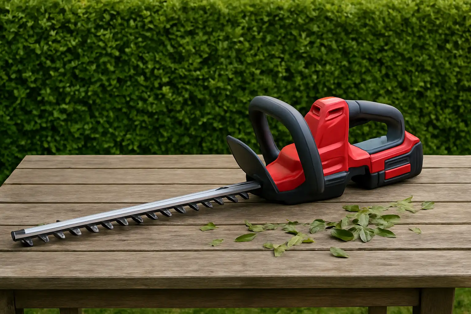 Taille-haie batterie posé dans un jardin avec une haie verte en arrière-plan