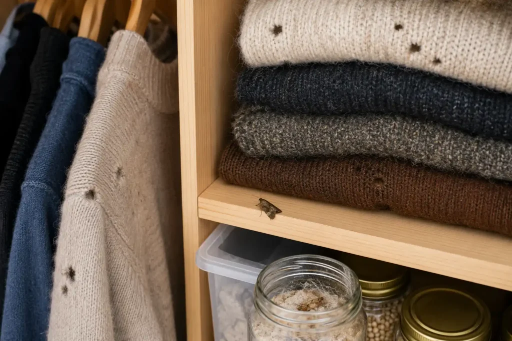 Teigne insecte posée dans une armoire à vêtements avec des pulls en laine et un bocal de surveillance.