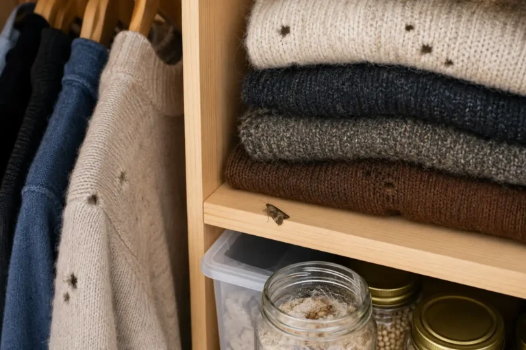 Teigne insecte posée dans une armoire à vêtements avec des pulls en laine et un bocal de surveillance.