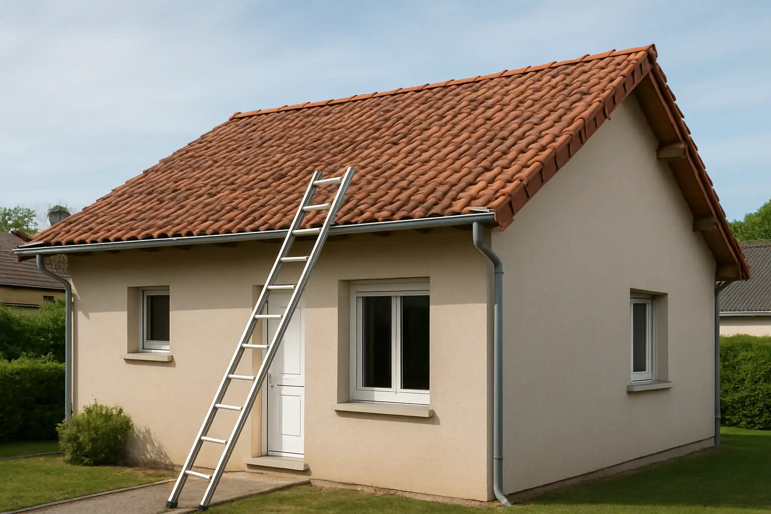 Toiture commune d’une maison résidentielle en cours d’inspection, sans copropriété