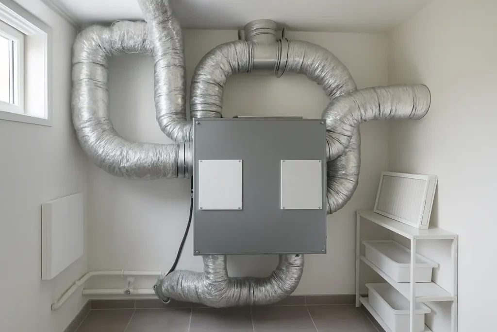 Installation de VMC double flux dans une pièce technique de maison moderne
