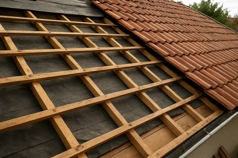 Volige toiture en bois posée sur une charpente lors d’une rénovation de toit