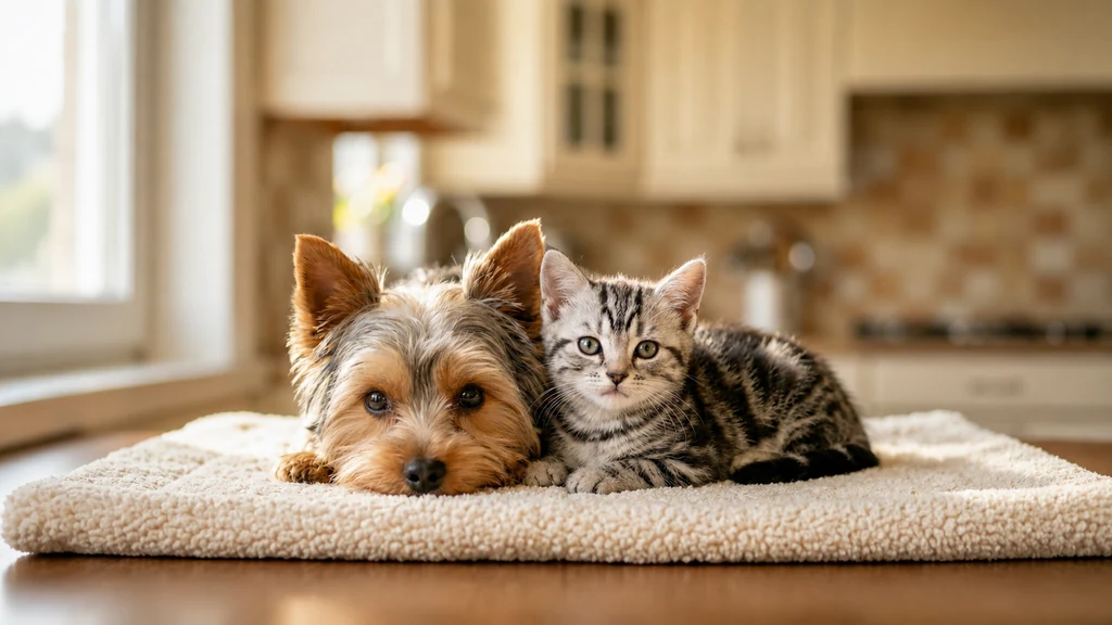 Chien et chaton couchés ensemble sur un coussin moelleux dans une cuisine lumineuse