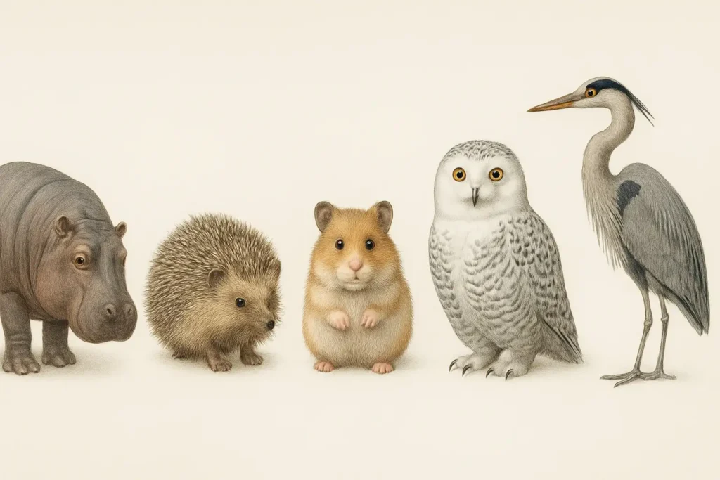 Illustrations naturalistes d’animaux commençant par H : hippopotame, hérisson, hamster, harfang des neiges et héron.