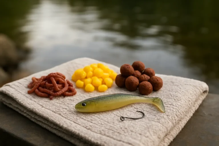 Assortiment d’appâts de pêche naturels et artificiels au bord de l’eau