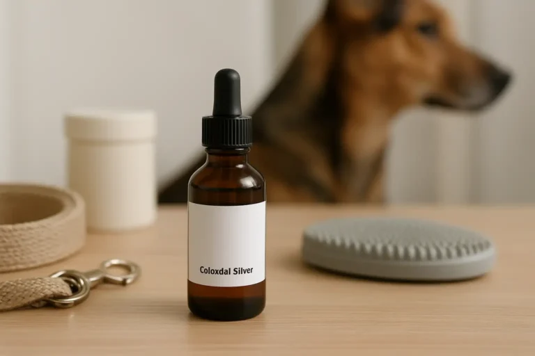 Flacon d’argent colloïdal pour chien à côté d’accessoires de soin dans un contexte domestique