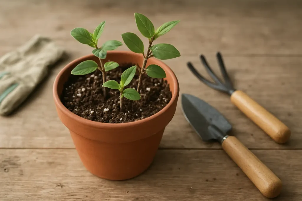 Boutures de chevrefeuille plantées dans un pot avec du substrat léger