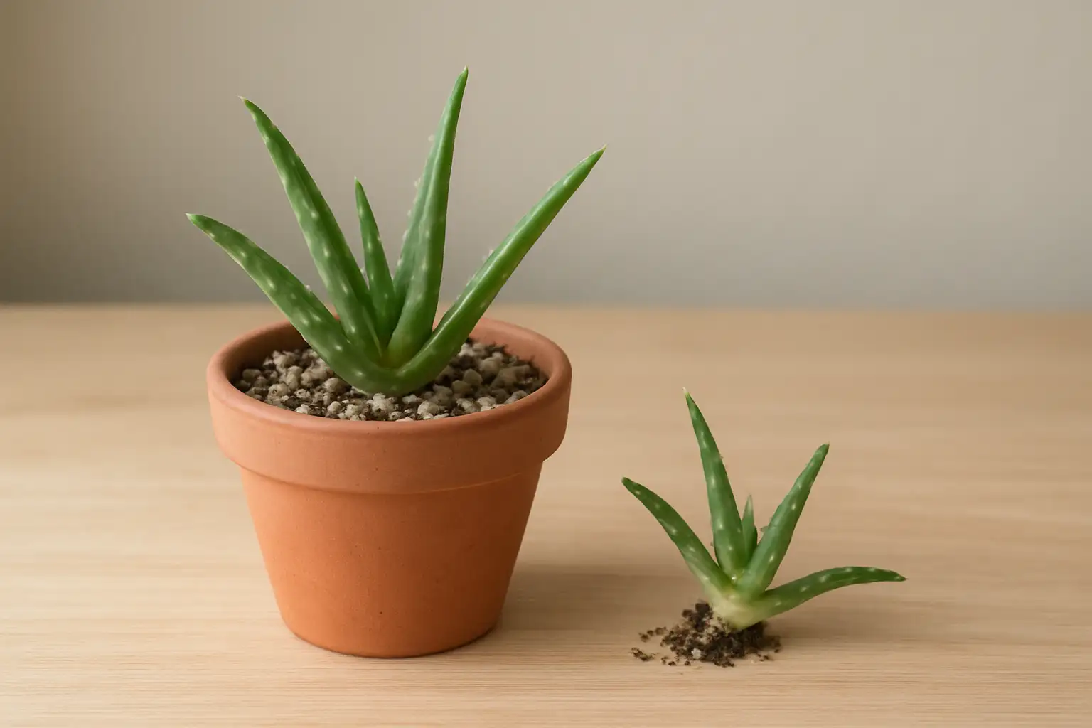 Bouture aloe vera dans un pot avec un rejet séparé et un substrat drainant