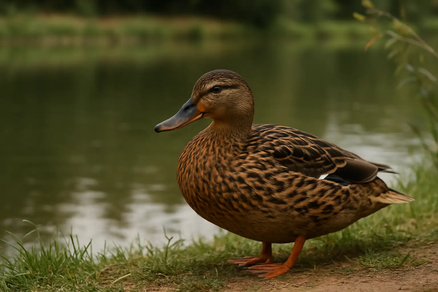 Canard femelle brun tacheté au bord d’un étang