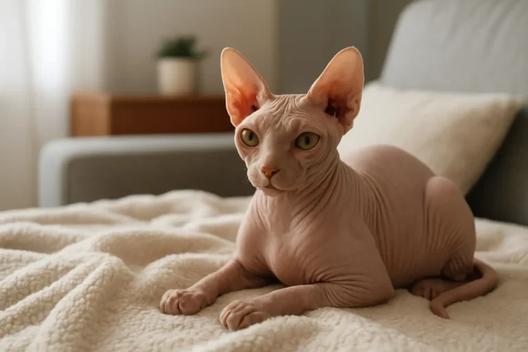 Chat sans poils de type sphynx posé sur un plaid dans un intérieur chaleureux