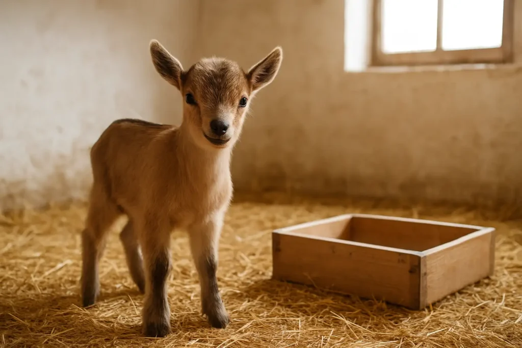 Jeune chevreau dans une étable propre avec de la paille