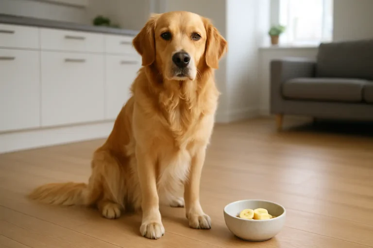 Chien assis à côté d’une petite gamelle avec des rondelles de banane