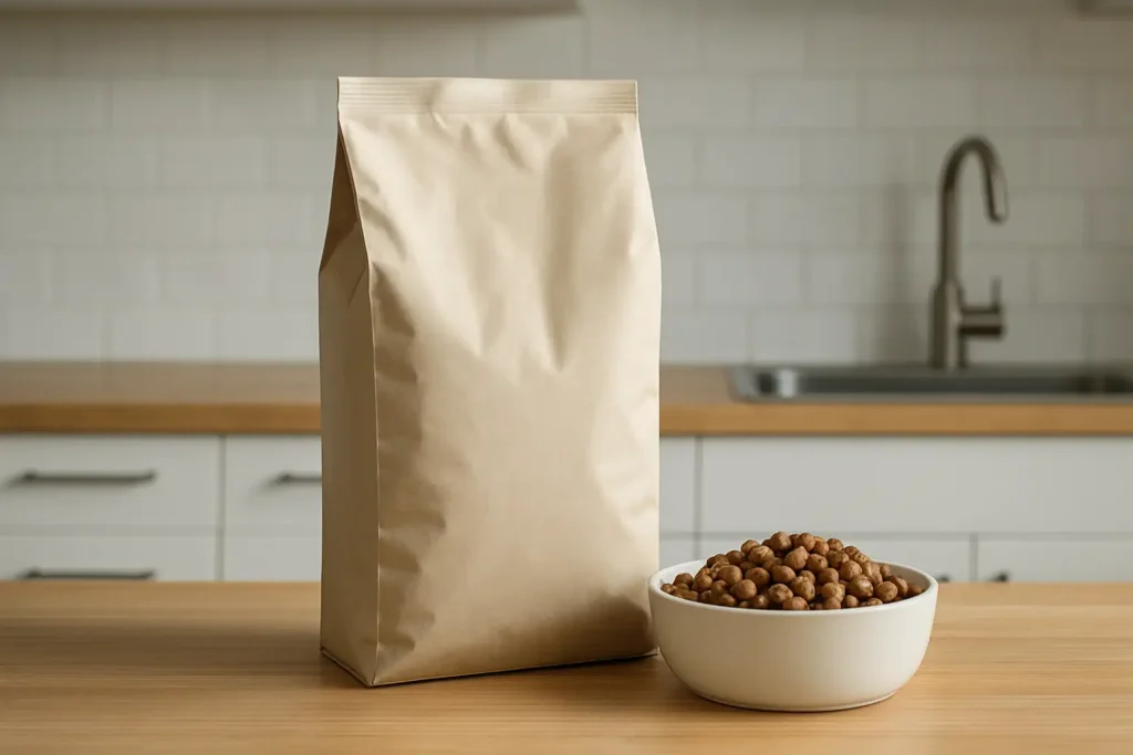 Sac de croquettes pour chien avec une gamelle de croquettes dans une cuisine