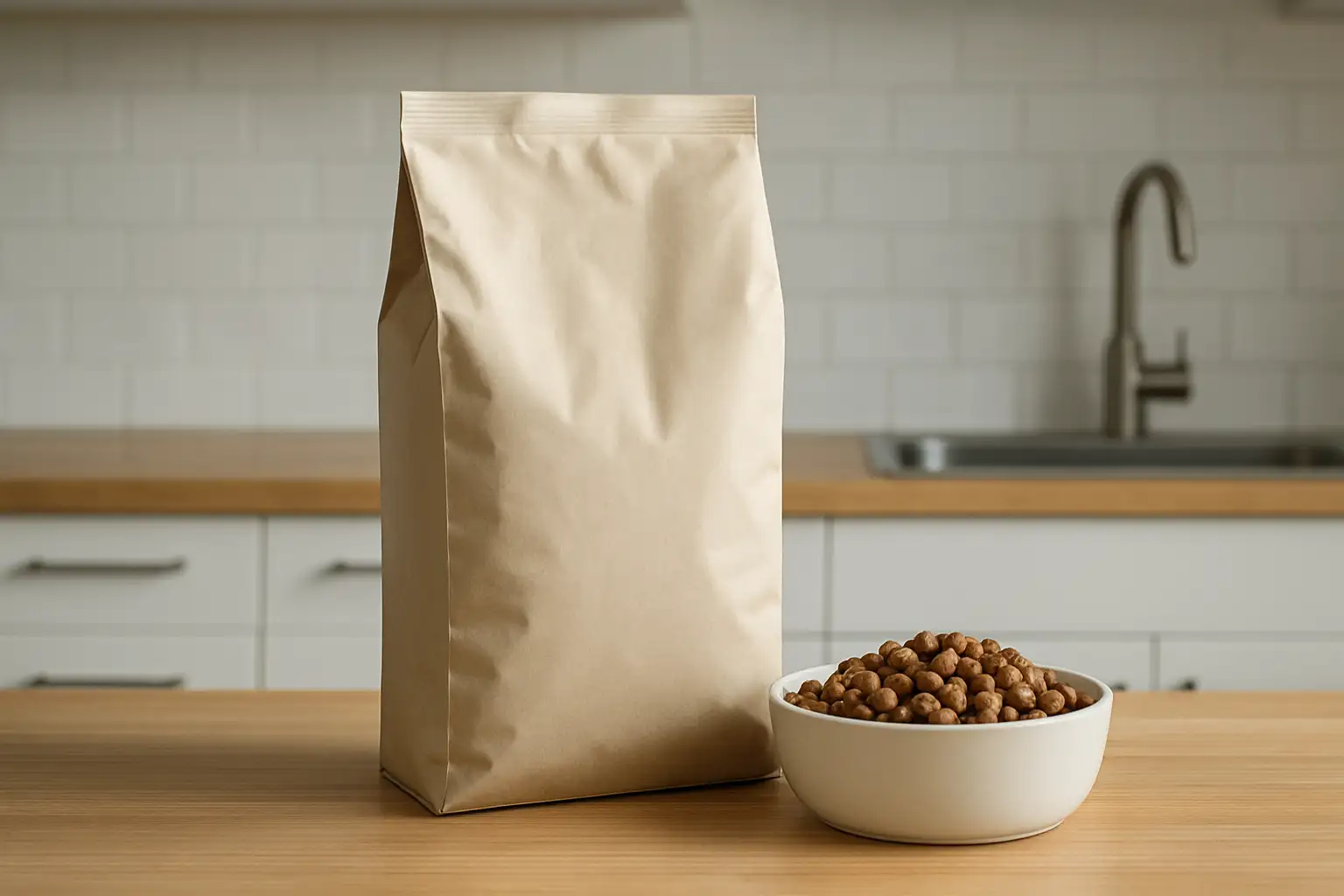 Sac de croquettes pour chien avec une gamelle de croquettes dans une cuisine