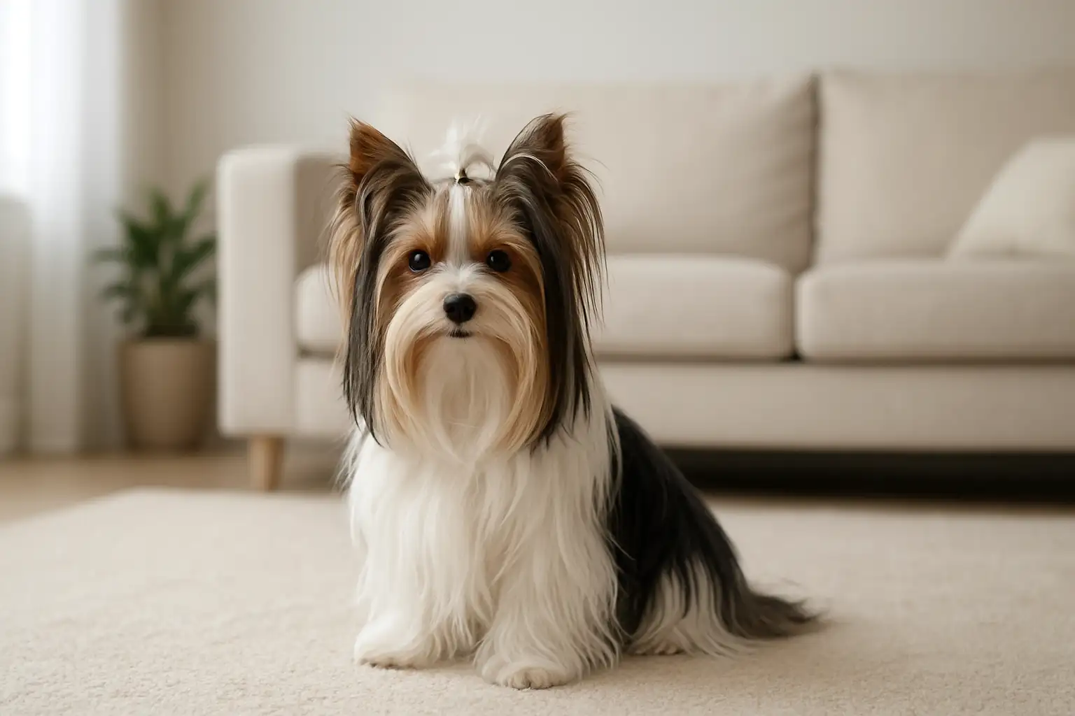 Petit chien dog biewer au pelage long, assis dans un intérieur lumineux et moderne