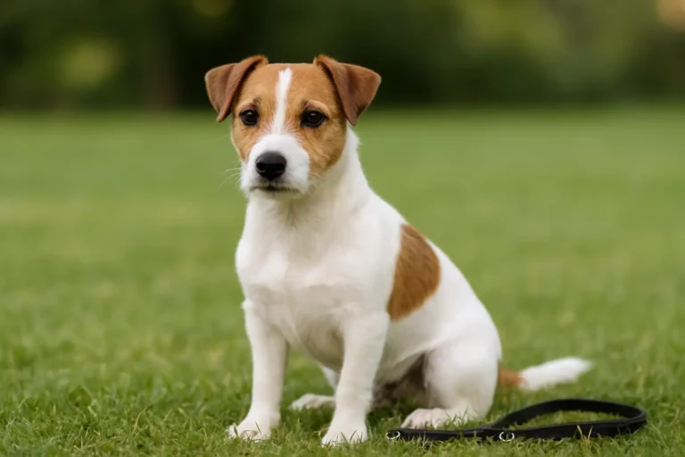Petit chien jack russell parson dans un parc, en photo réaliste horizontale