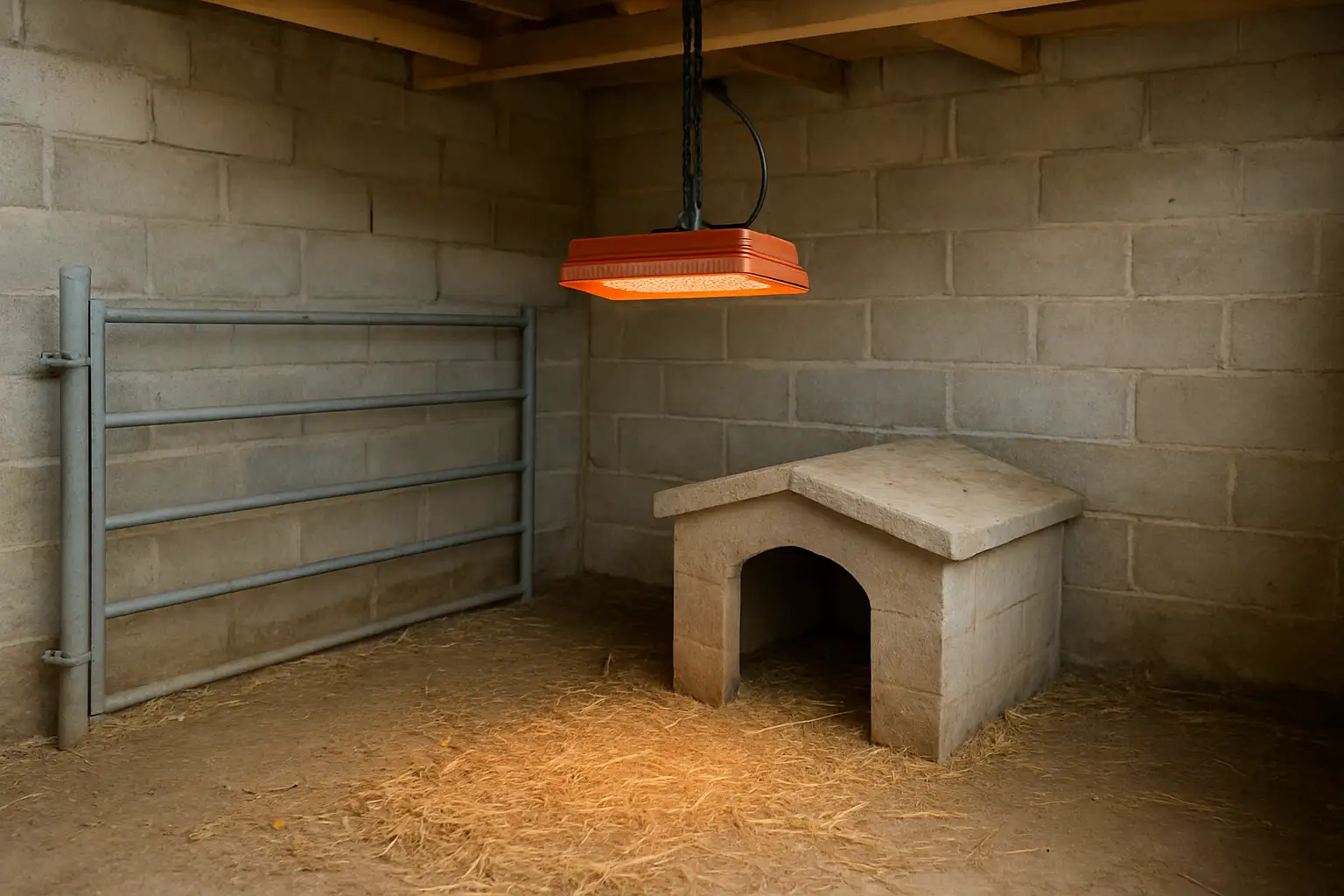 Lampe infrarouge installée dans un espace pour animaux afin d’apporter une chaleur localisée