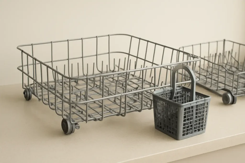 Panier de lave-vaisselle avec panier à couverts posé sur un plan de cuisine