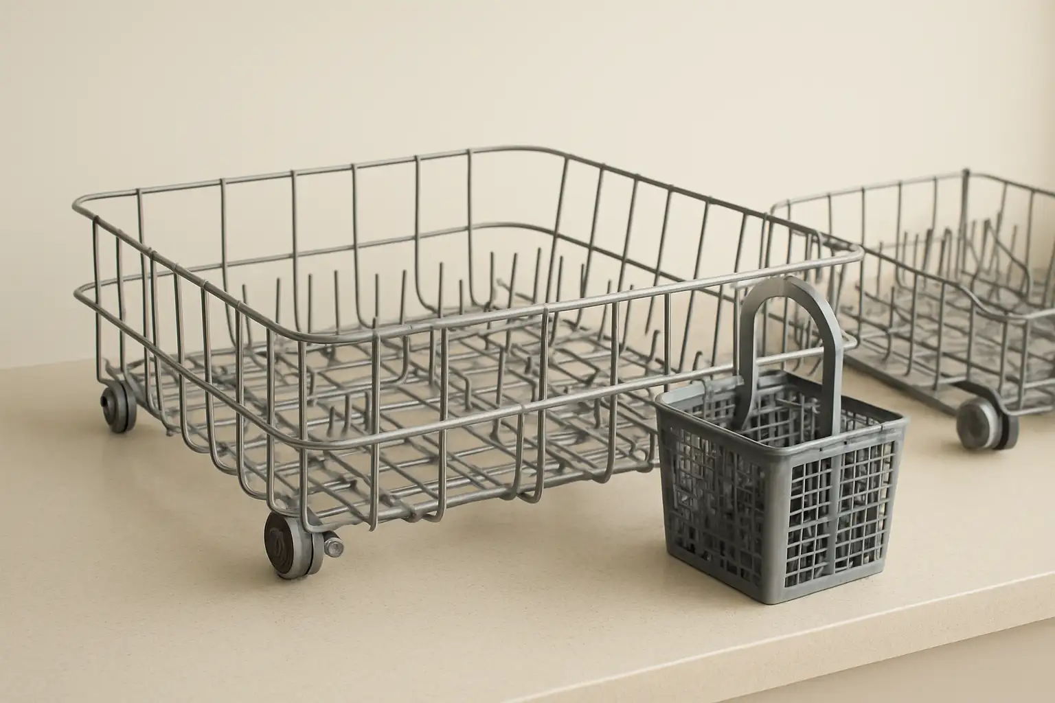 Panier de lave-vaisselle avec panier à couverts posé sur un plan de cuisine