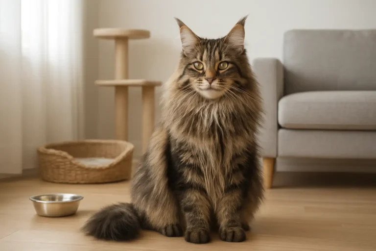 Grand chat Maine Coon dans un intérieur avec accessoires pour chat, illustrant le prix et l’entretien