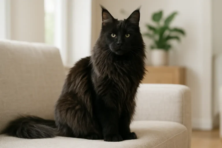 Maine Coon noire au pelage long et dense assise dans un intérieur lumineux