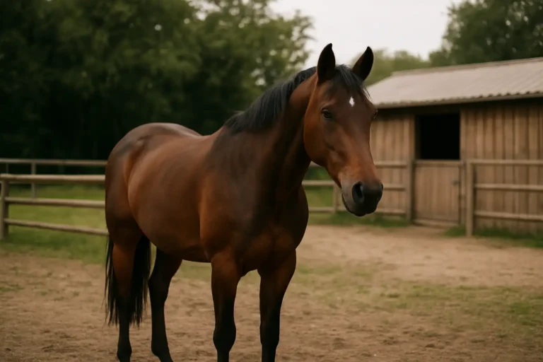 Cheval dans un paddock, illustration réaliste d’un article sur le choix d’un nom de cheval
