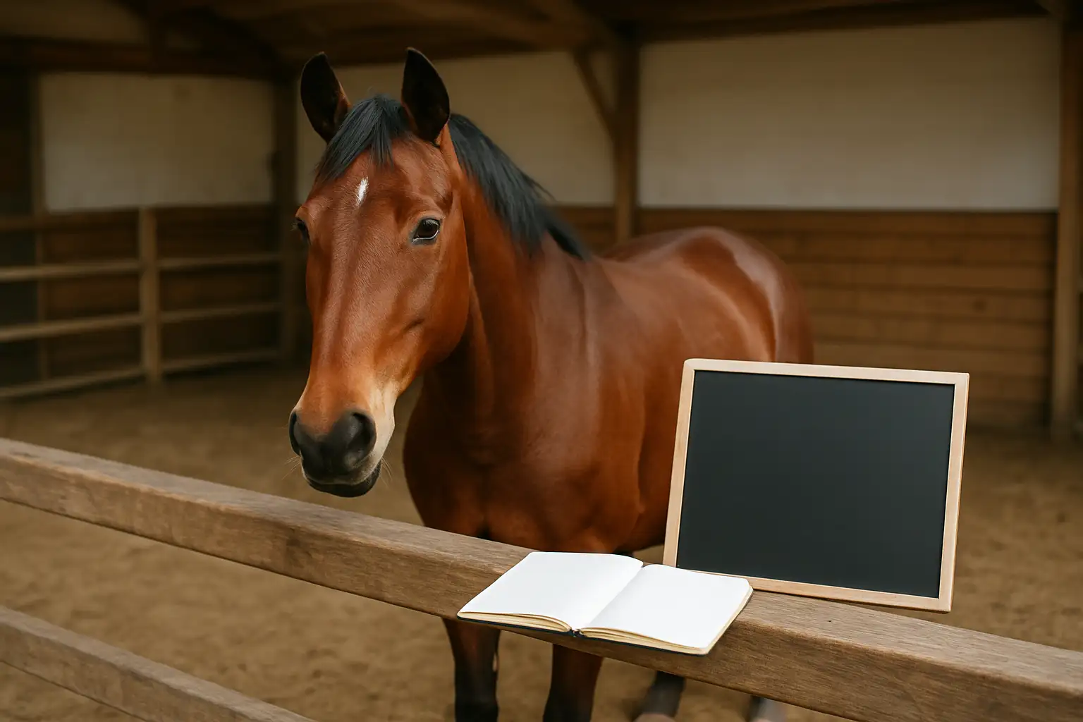 Cheval dans un paddock avec carnet vierge, illustration du choix d’un nom de chevaux