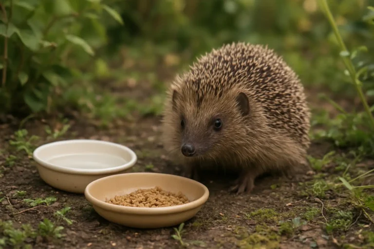 Hérisson dans un jardin près d’une coupelle de nourriture et d’un bol d’eau