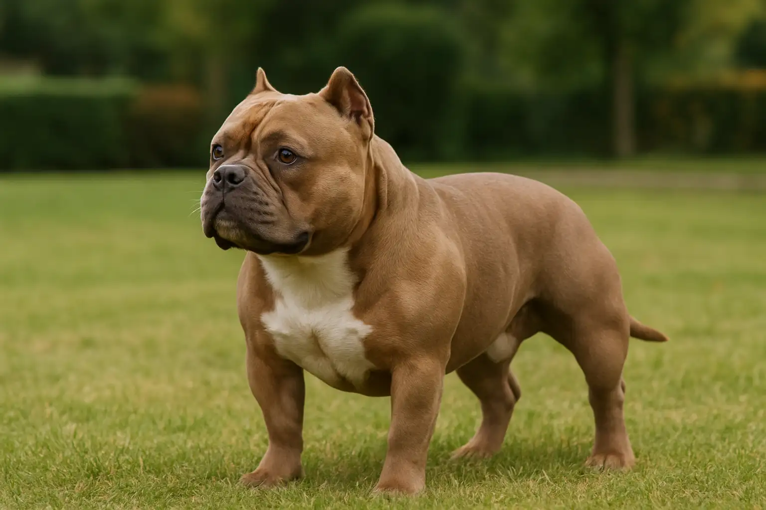 Pocket American Bully adulte au physique compact et musclé dans un environnement extérieur