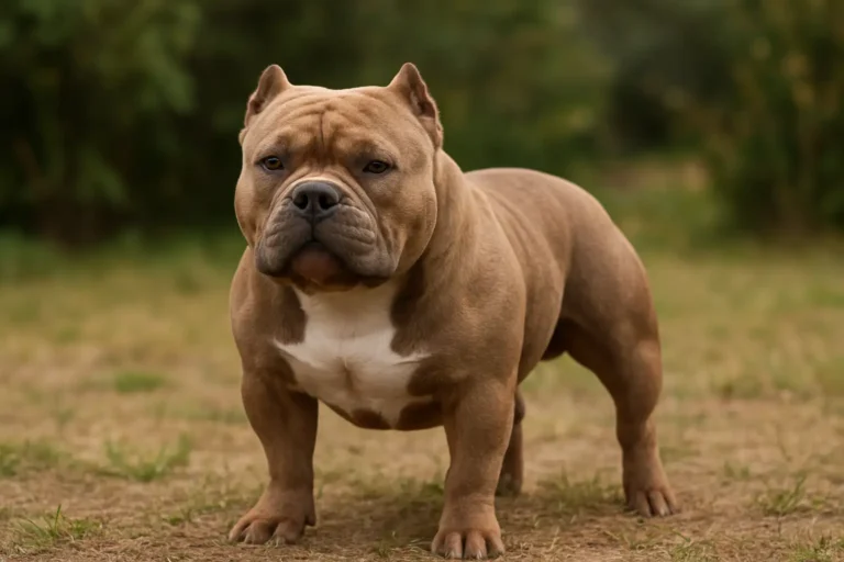 Pocket bully adulte au poil court, chien compact et musclé dans un environnement extérieur naturel