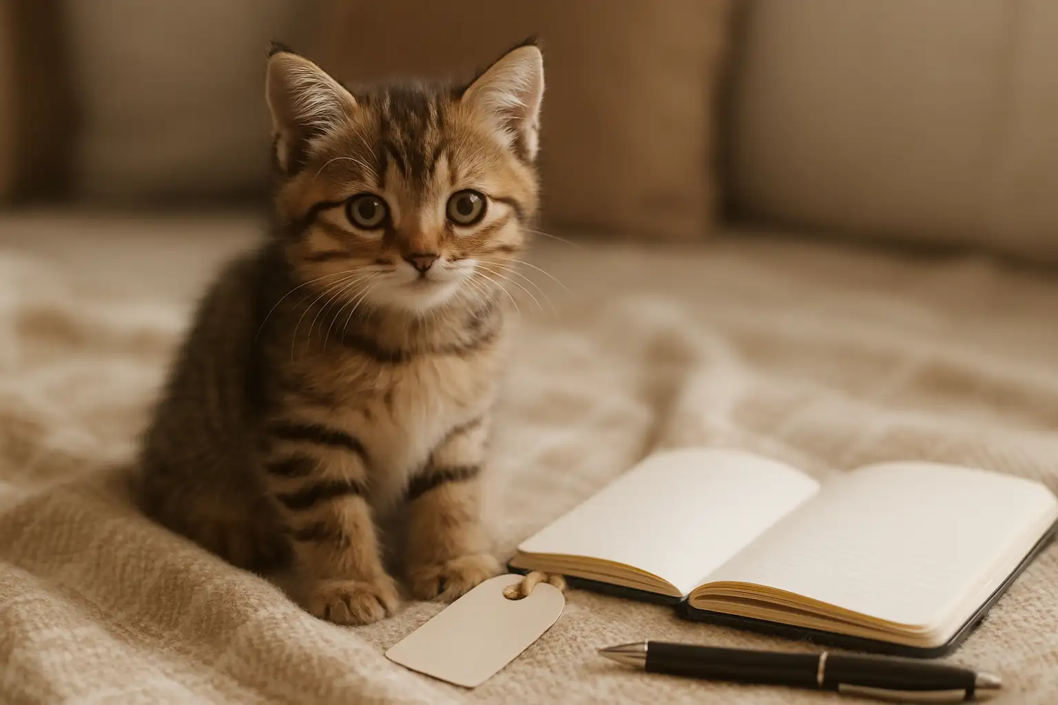 Petit chaton femelle sur un plaid avec un carnet ouvert pour trouver un prénom