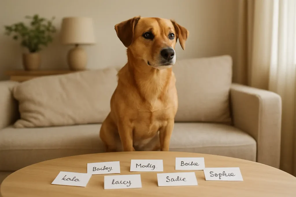 Chienne femelle devant des idées de prénom pour chien femelle sur une table