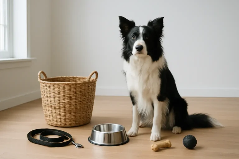 Border collie dans un intérieur avec accessoires de base pour chien